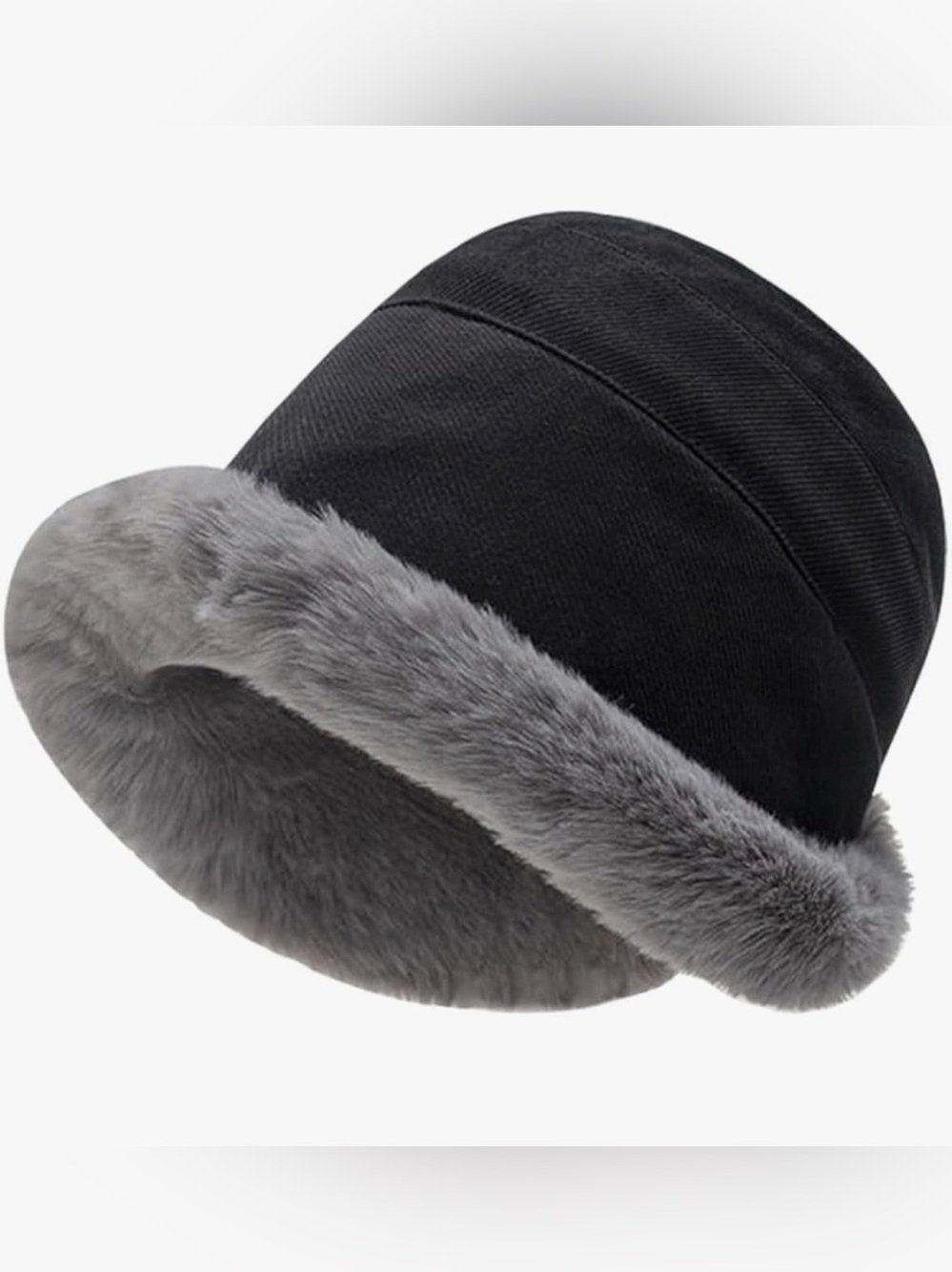 NEW Classic Black Winter Hat with Gray Faux Fur Trim